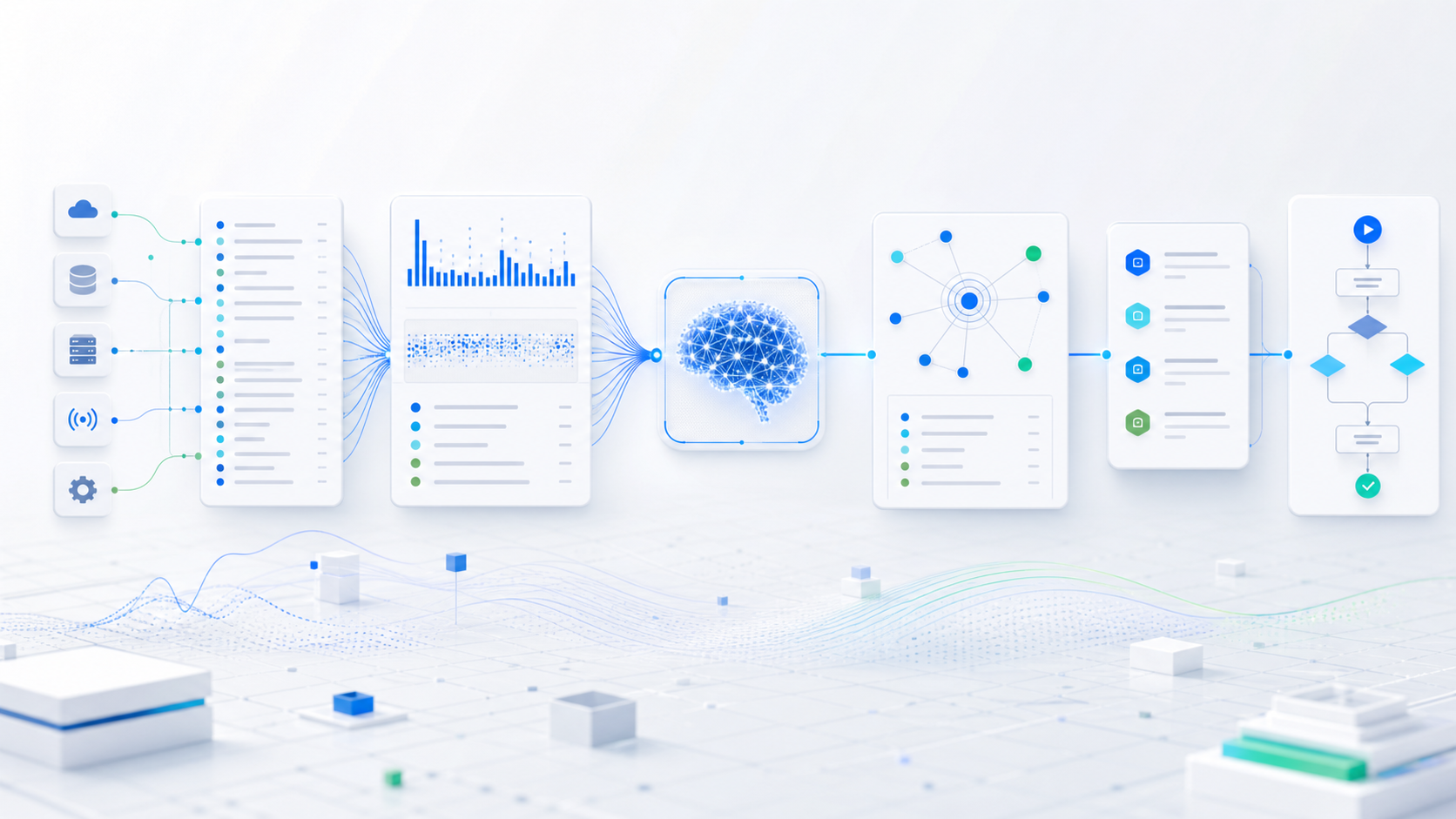 Technical workflow visualization connecting data workflows, logs, AI diagnosis, and automation